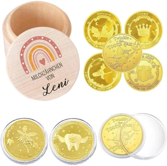 Sostegno per spazzola da denti - Scatola per leccare i denti in legno - Set di monete da 1 euro - Carrello di regalo - Materiale naturale e sicuro - Adatto per bambini - Scatola per leccare i denti
