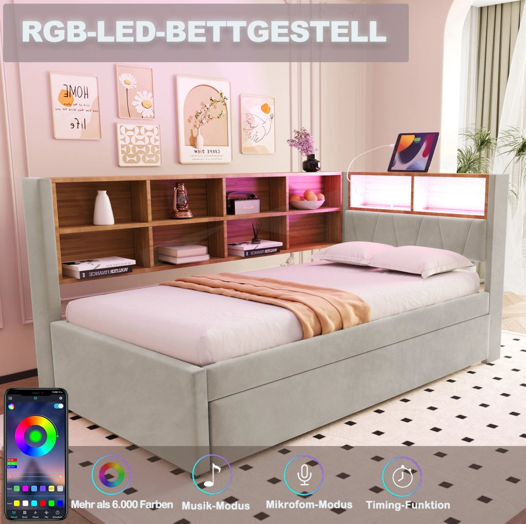 Divano letto singolo estraibile 90x200 cm con LED e USB