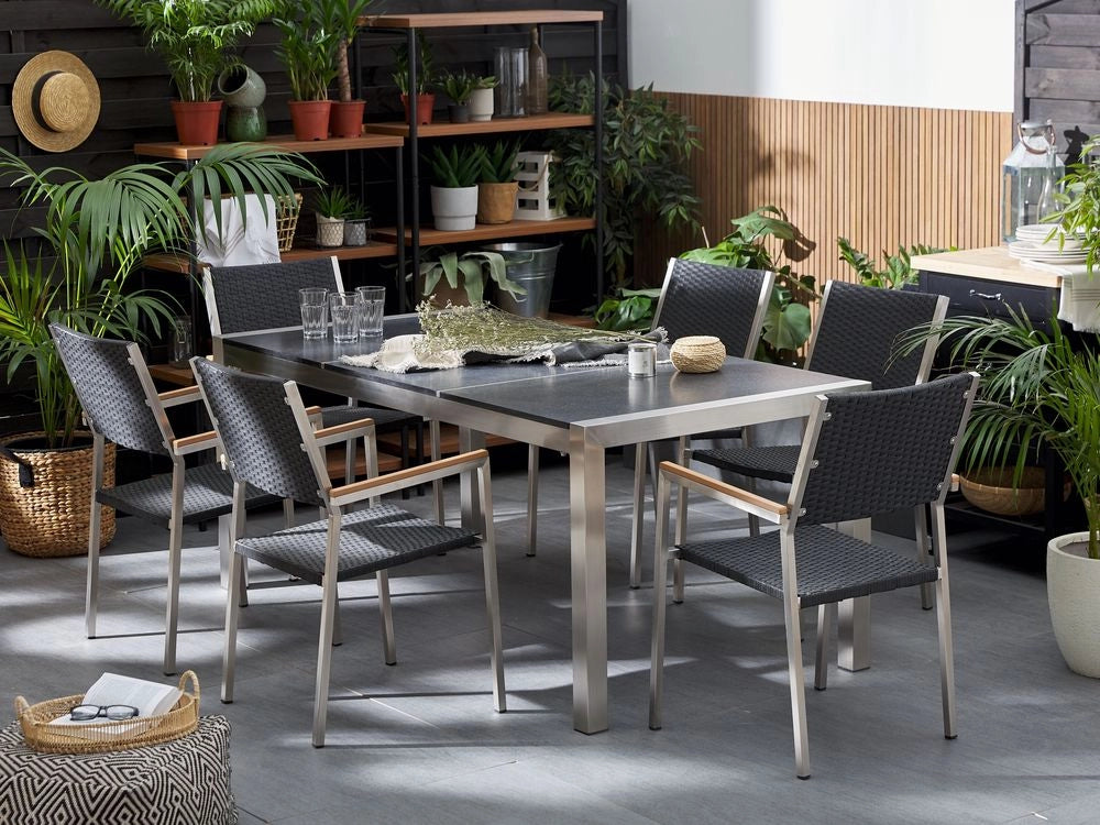 Set da pranzo da giardino Nero con tavolo in basalto Nero sedie in rattan 6 posti 180 x 90 cm