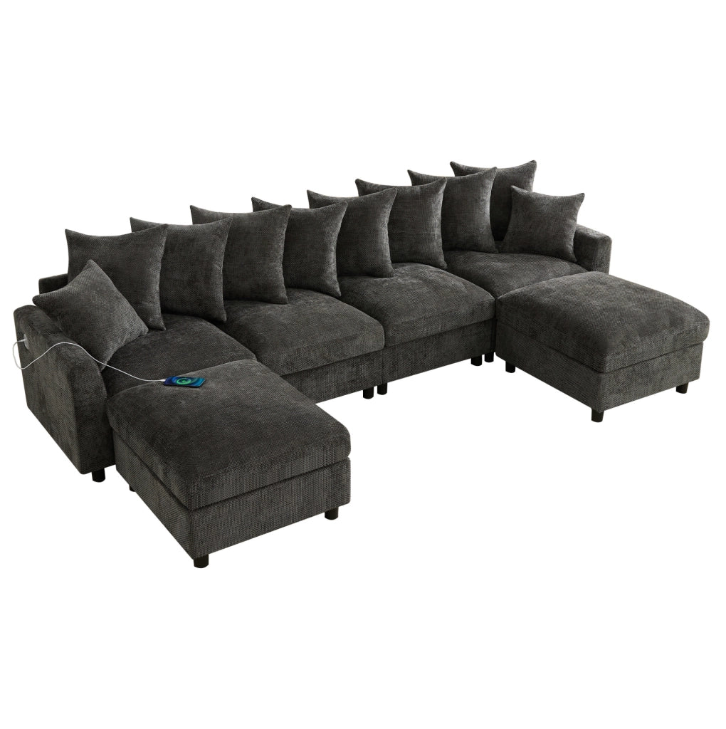 Divano angolare modulare 6 posti a U/L 283 cm in chenille grigio con porte USB e Type-C