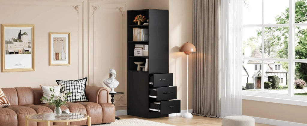 Libreria alta con 3 cassetti laterali e 4 vani aperti con ripiani regolabili per piccoli spazi nera 60 × 38 × 180 cm