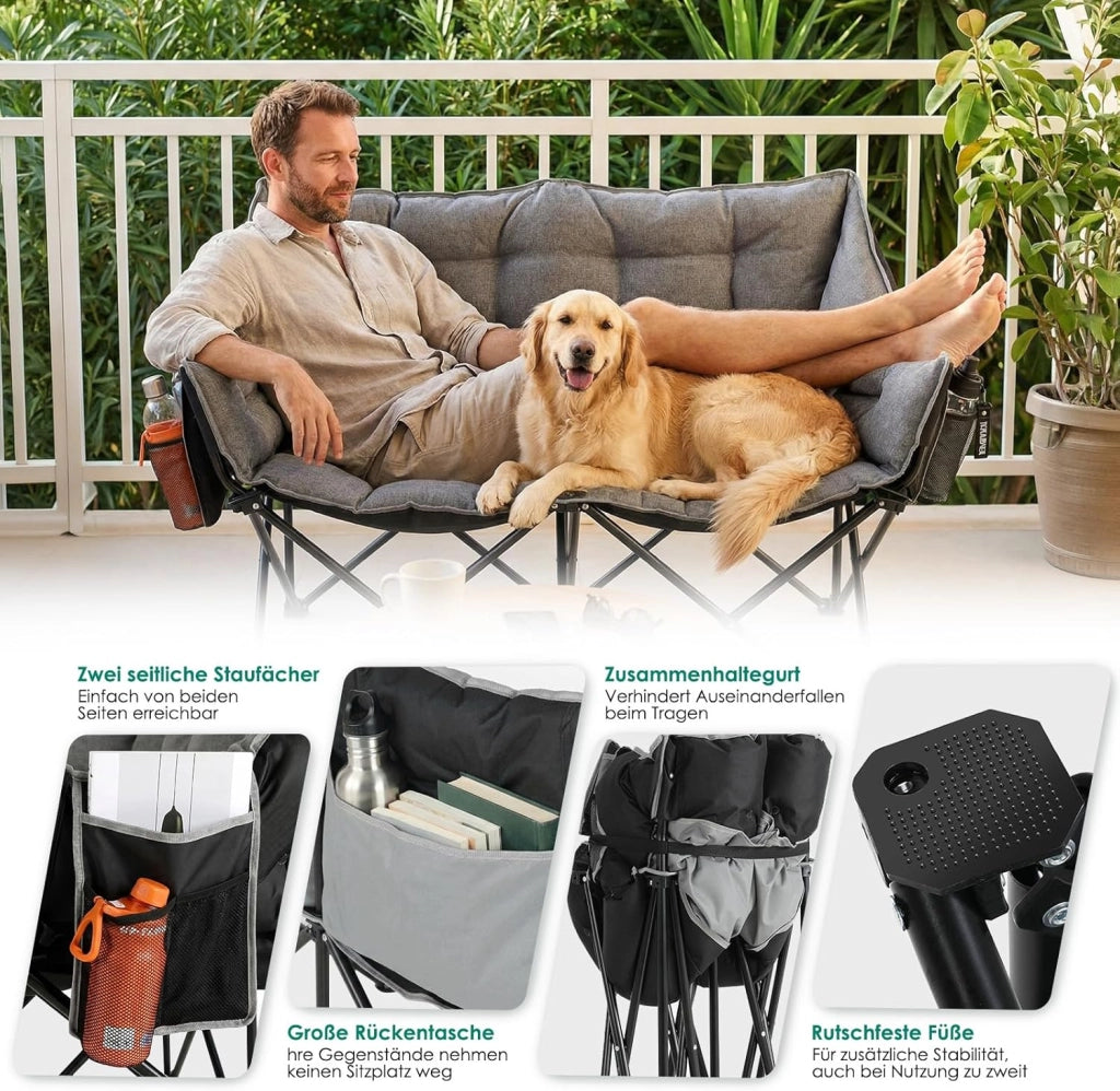 Sedia da Campeggio per 2 Persone, Divano da Campeggio Doppia 320KG, Sedia da Campo Portatile, con Tasca Laterale e posteriore, borsa per il trasporto, per Giardino, Spiaggia, Pesca, Grigio