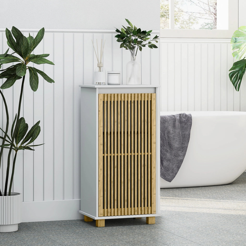 Mobile bagno con cestello lavanderia, ante a doghe bamb¨´ e sacco estraibile ¨C zephmum ¨C bianco effetto legno