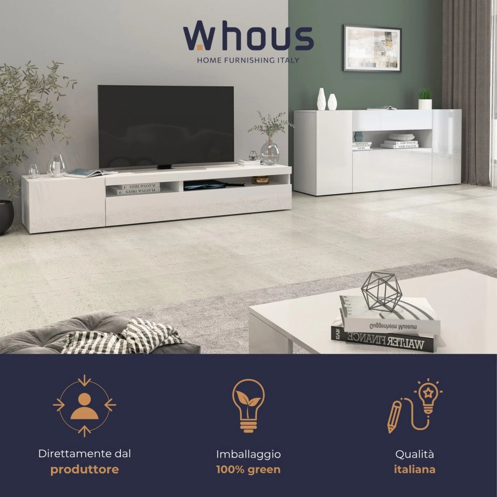 WHOUS Credenza Potenza con 2 ante 1 ribalta e 1 cassetto bianco lucido 180x40x80 cm
