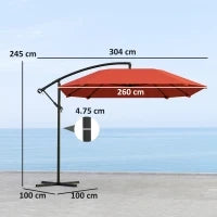 Ombrellone a Sbalzo con Copertura Regolabile e Base a Croce, in Metallo e Poliestere, 260x304x245 cm, Bordeaux