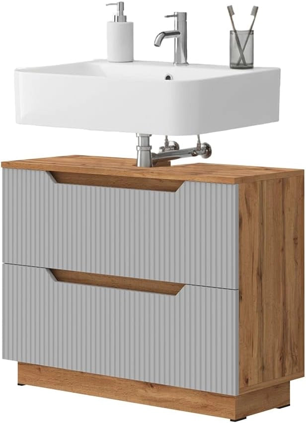 Mobile sottolavabo per bagno Lotta, Rovere/grigio a righe, 79.6 x 62.5 cm con 2 cassetti