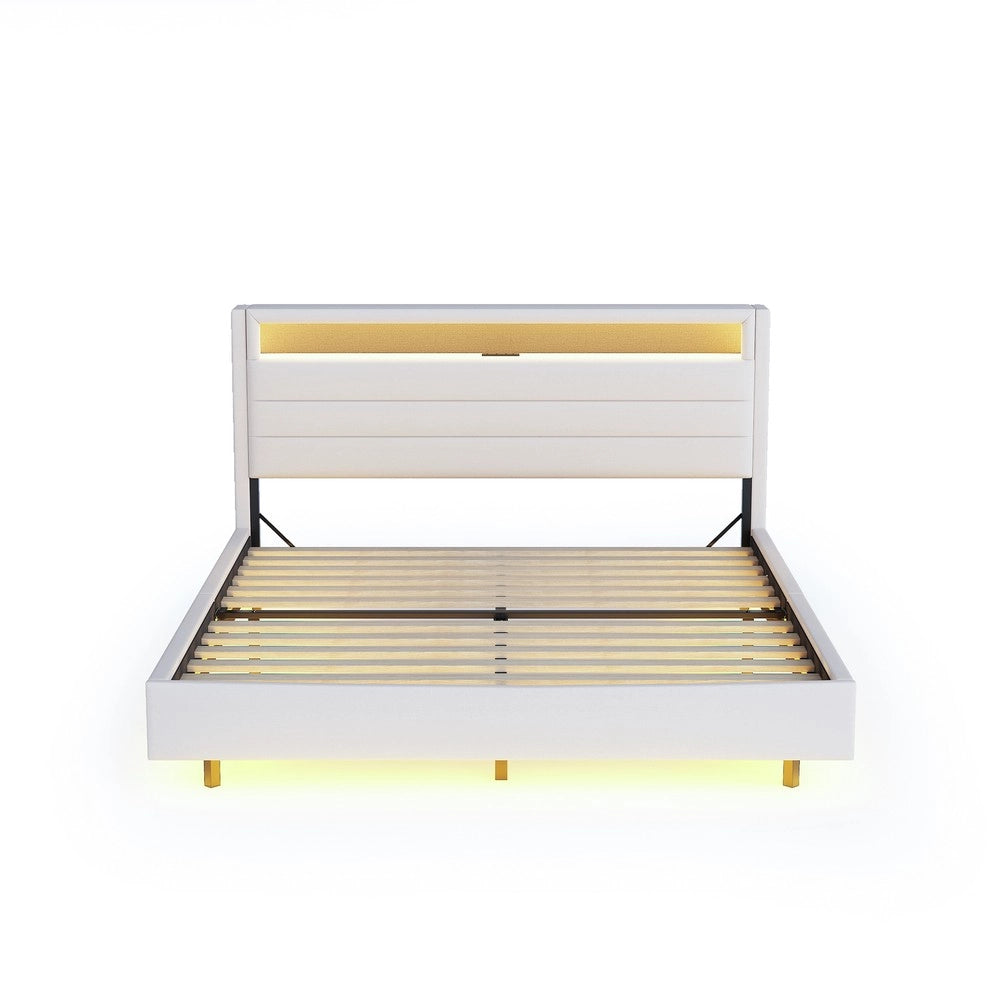 Letto Imbottito Matrimoniale con LED e USB ¨C MINIMAL ¨C Testiera Reversibile, Tessuto Beige, 140x200