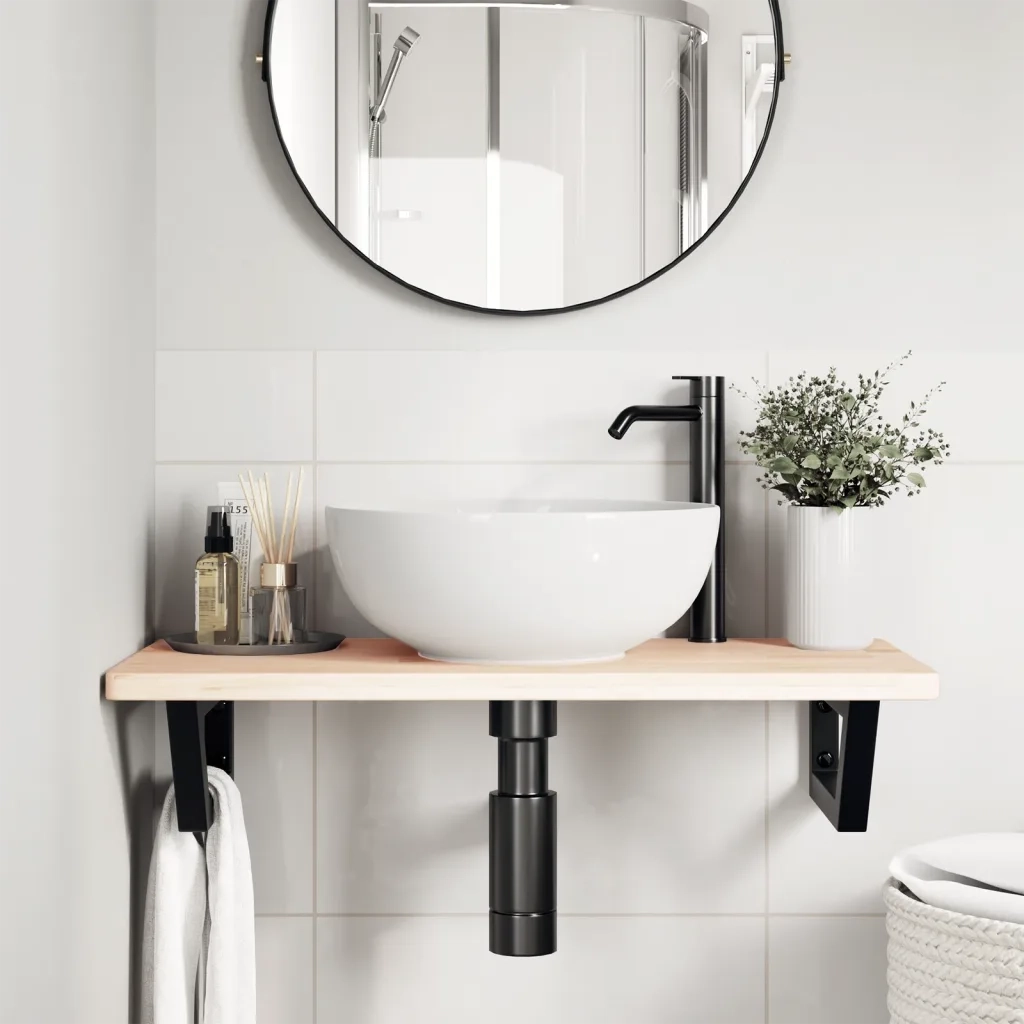 Ripiano a Parete per Lavabo in Acciaio e Massello di Rovere 3302331