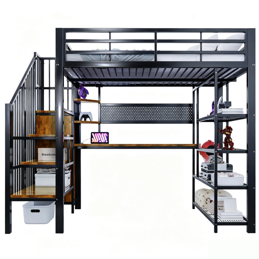 Letto a soppalco multifunzione 140 x 200 cm in metallo e legno; nero; con scala contenitore; LED e prese