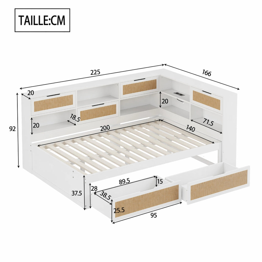 DESMIU Lit simple 140 × 200 cm con contenitore, USB e Type-C, 2 cassetti, senza materasso, in MDF, bianco