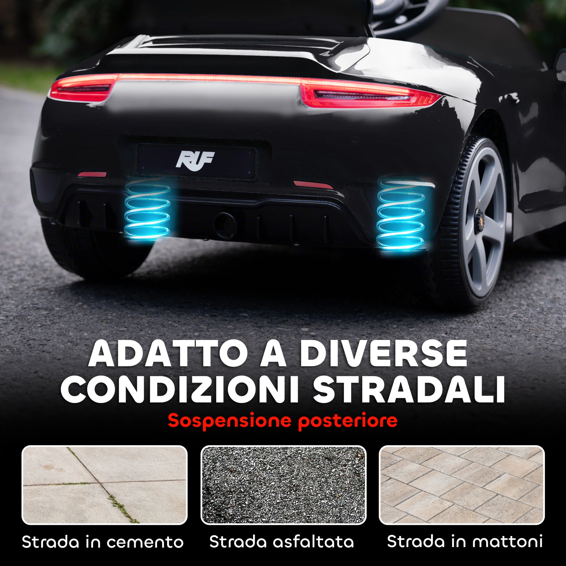 Macchina per Bambini 3-5 Anni con Licenza Ufficiale RUF GT Telecomando Cintura di Sicurezza e Musica Nero