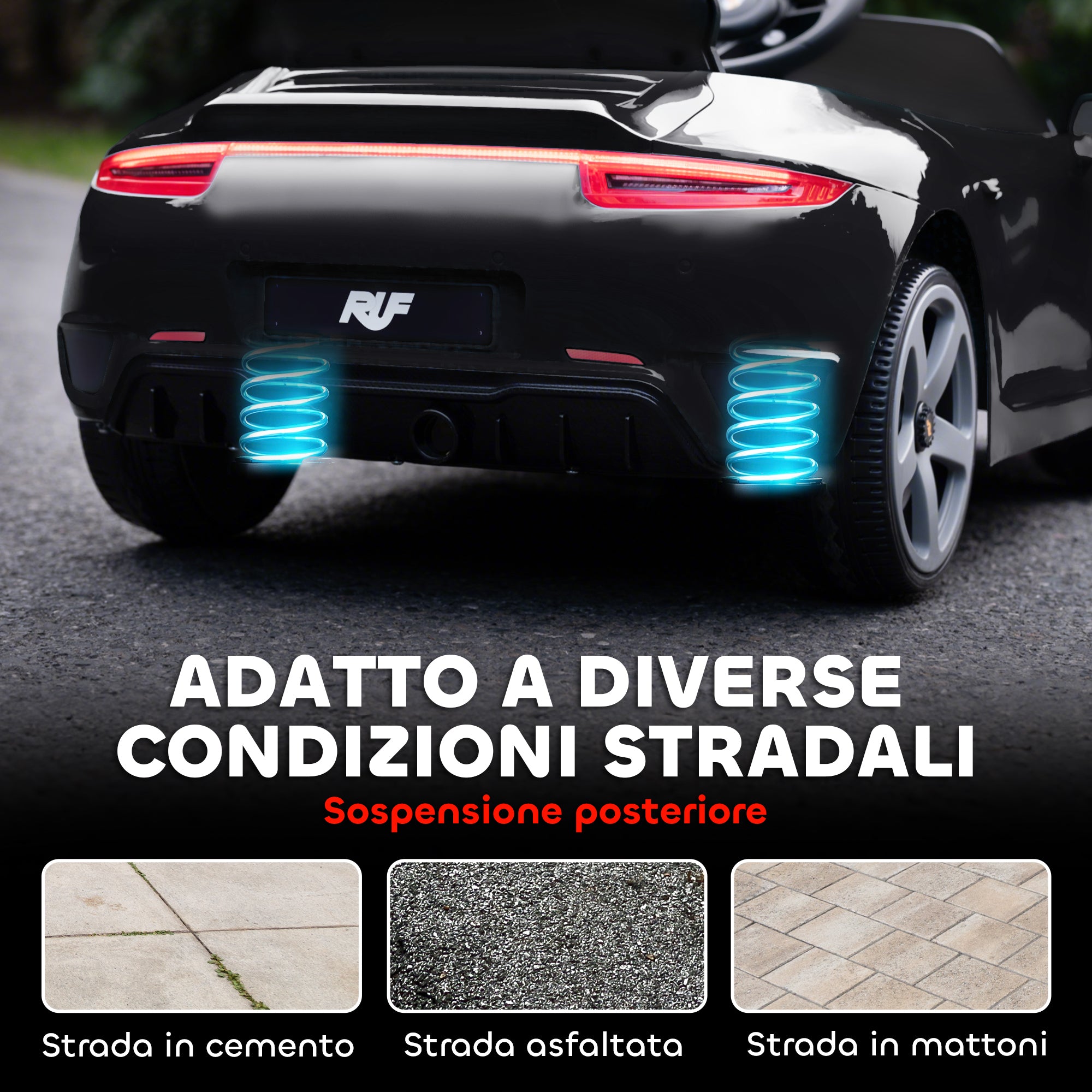 Macchina per Bambini 3-5 Anni con Licenza Ufficiale RUF GT Telecomando Cintura di Sicurezza e Musica Nero