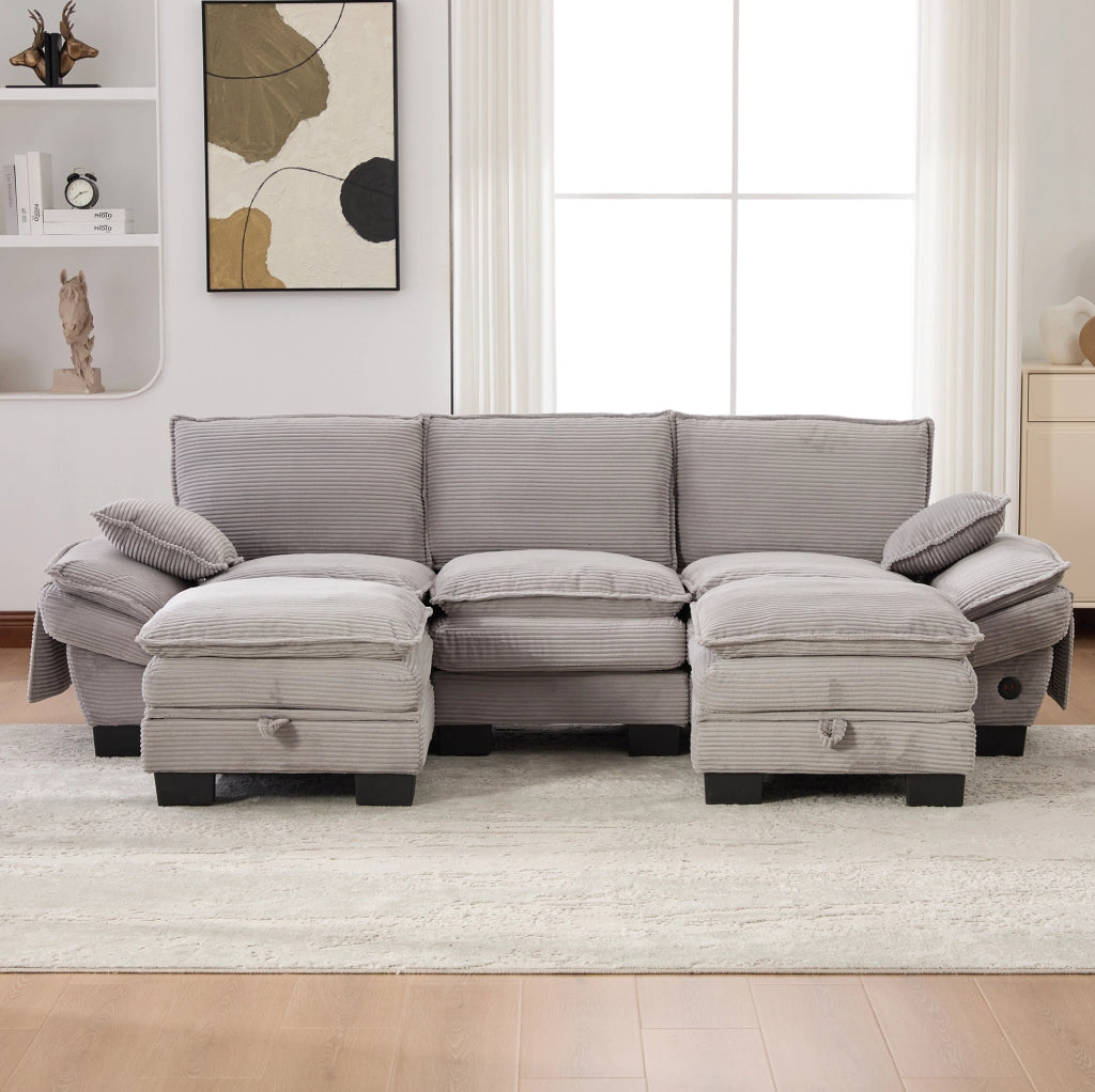 Divano modulare a 3 posti con pouf contenitore; USB-C; in velluto a coste grigio chiaro