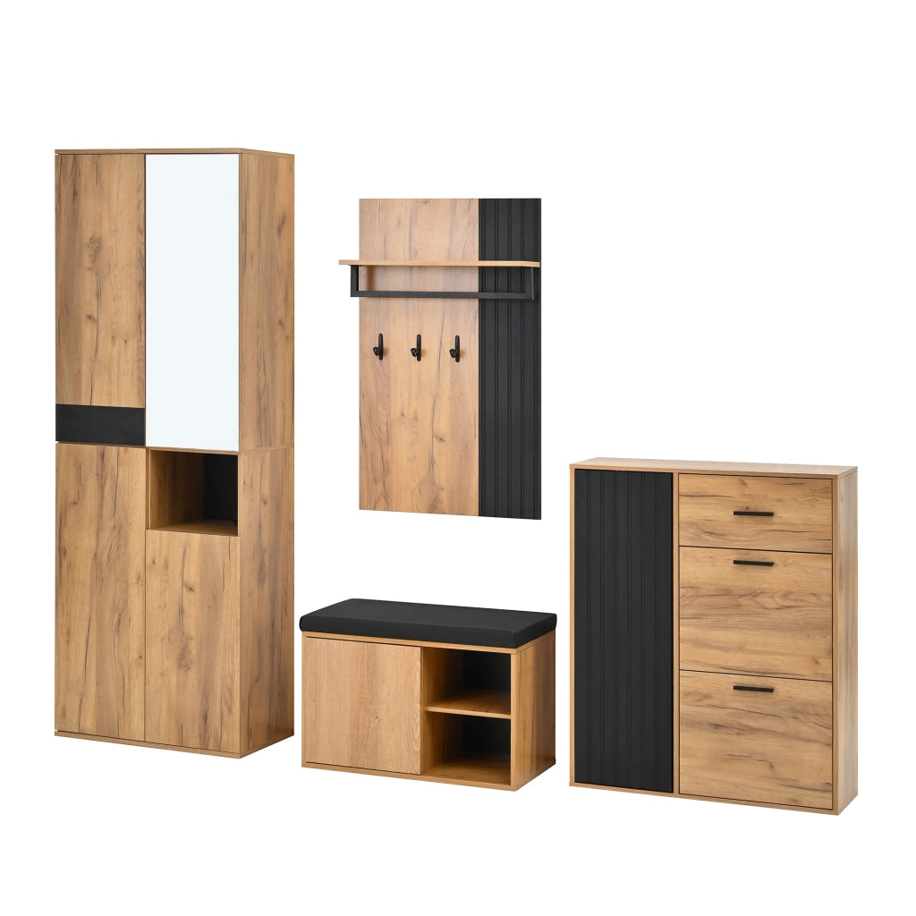 Set guardaroba da parete 4 pezzi con armadio alto, scarpiera, panca e appendiabiti, colore naturale e nero, 215 x 36 x 190 cm