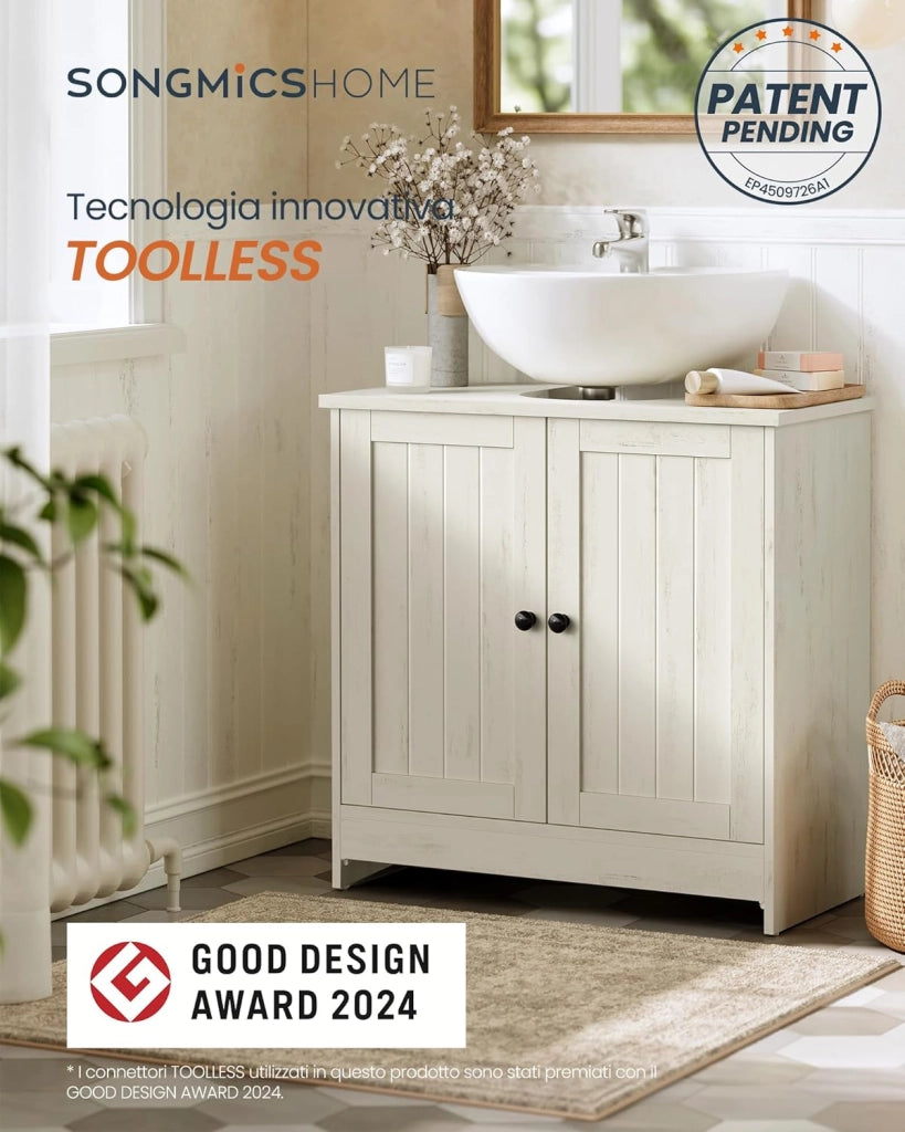 Mobile Sottolavabo da Bagno, Montaggio Rapido Senza Attrezzi Toolless, Mobiletto con Ripiano Regolabile per Lavabo senza Colonna, Bianco Vintage BBC222WJ01