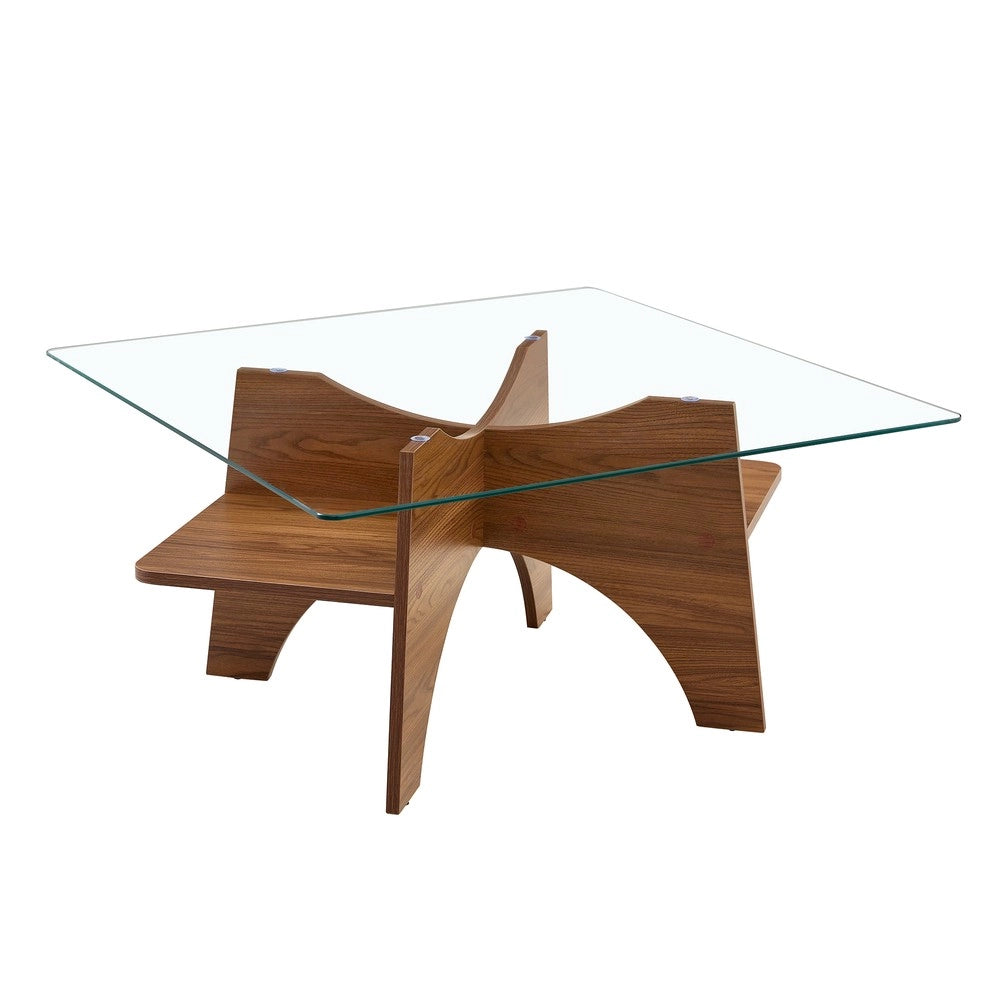 Tavolino da Caff¨¨ Quadrato ¨C MINIMAL ¨C Vetro Temperato e MDF Effetto Noce, 80x80 cm