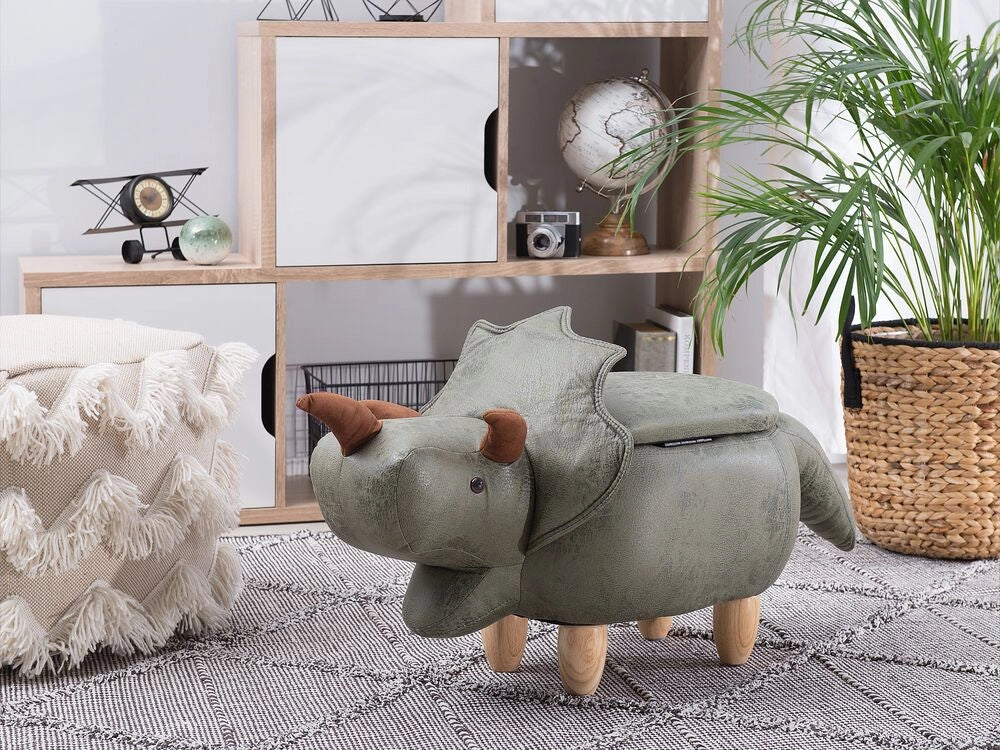 Animale Triceratopo Sgabello per bambini Tessuto in poliestere verde scuro Gambe in legno imbottite contenitore Poggiapiedi