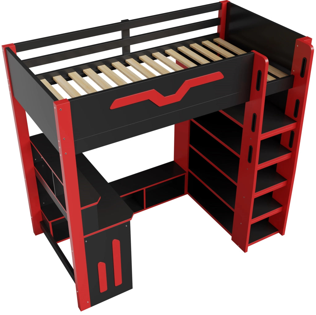 Letto a soppalco ULEVR 90x200 cm con scrivania, LED, 4 ripiani e vani contenitore, nero e rosso