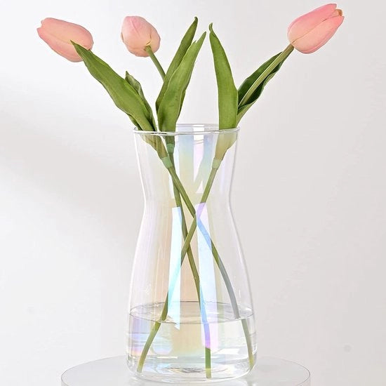Vaso iridescente trasparente in vetro 20CM per decorazione di casa moderna - Vaso per pampas per decorazione di casa - Vasi decorativi per decorazione estetica - Vasi in vetro per matrimoni - Grande vaso per tulipani per tavolo da pranzo