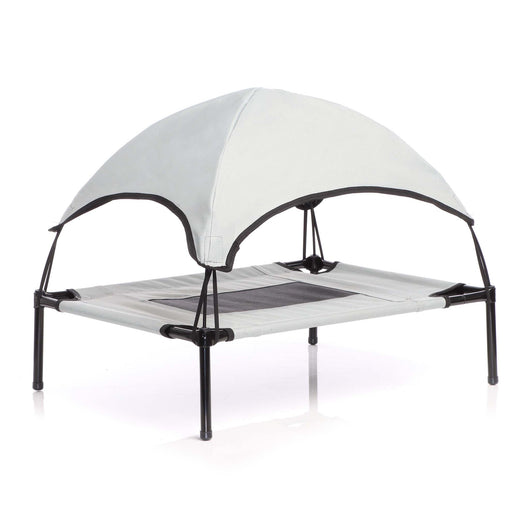 Brandina per cani e gatti con tettoia grigia, cuccia per cani max 50kg, lettino da esterno per animali con tettuccio parasole, 122x91x16cm