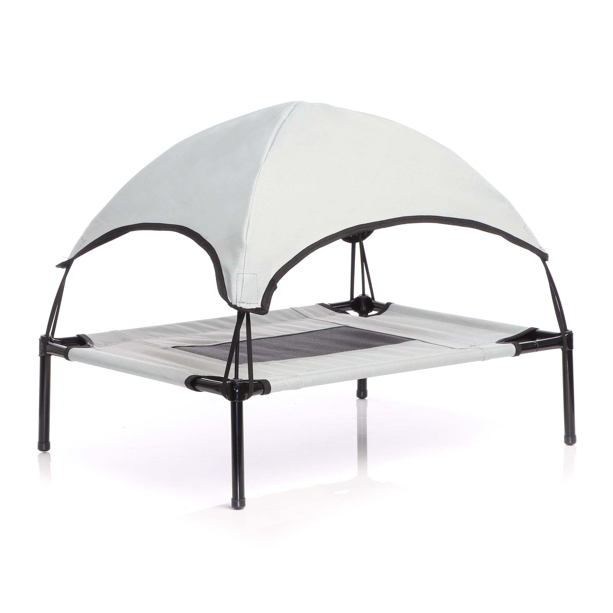 Brandina per cani e gatti con tettoia grigia, cuccia per cani max 50kg, lettino da esterno per animali con tettuccio parasole, 122x91x16cm