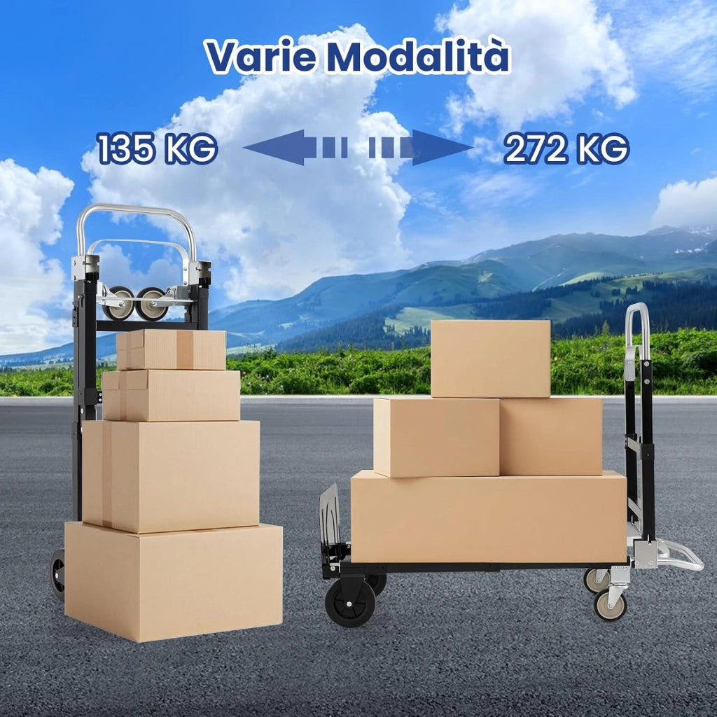 Carrello Pieghevole 3 in 1, Carrello a Mano e Piano Regolabile con Manico Retrattile e Lunghezza Regolabile, Capacità di Carico 272 kg, per Garage, Magazzino