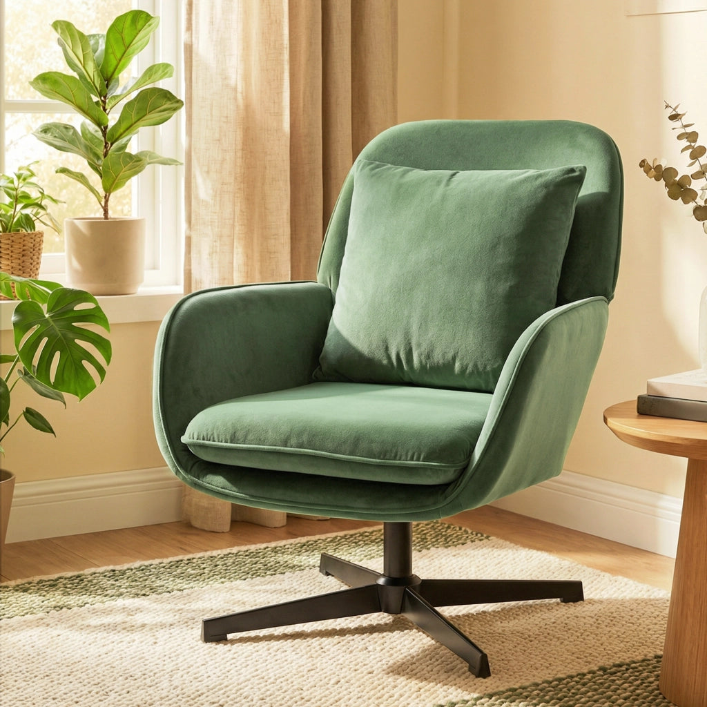 Poltrona da Salotto Girevole con Cuscino Lombare e Rivestimento in Tessuto Effetto Velluto, Verde