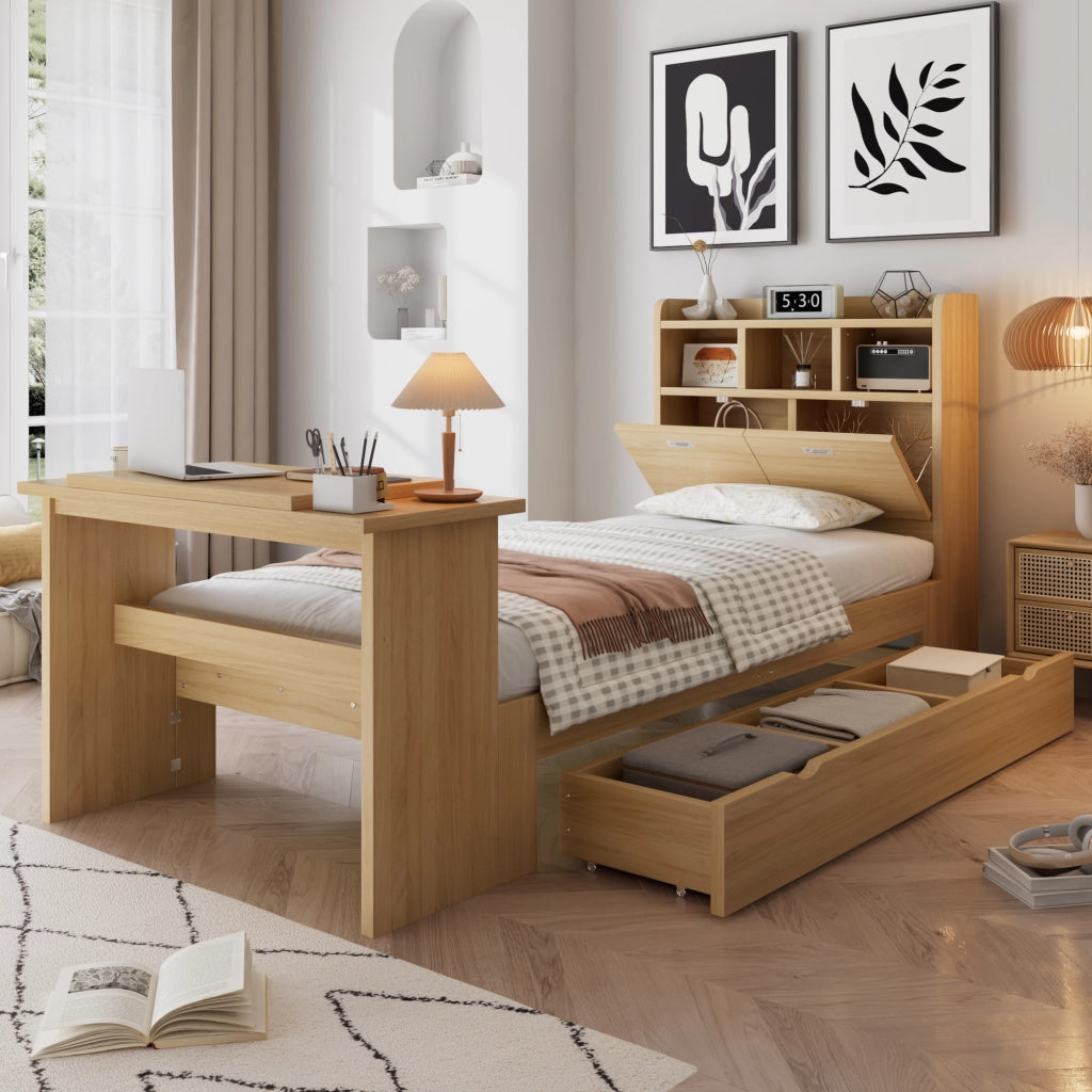 Letto singolo 90x200 cm in legno naturale con contenitore, mensola testiera, tavolo ribaltabile e cassetto reversibile