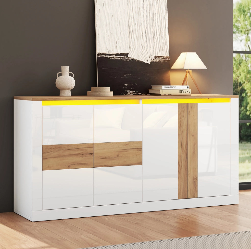 Credenza LED 140x35x70 cm in MDF bianco lucido e rovere naturale con 4 ante