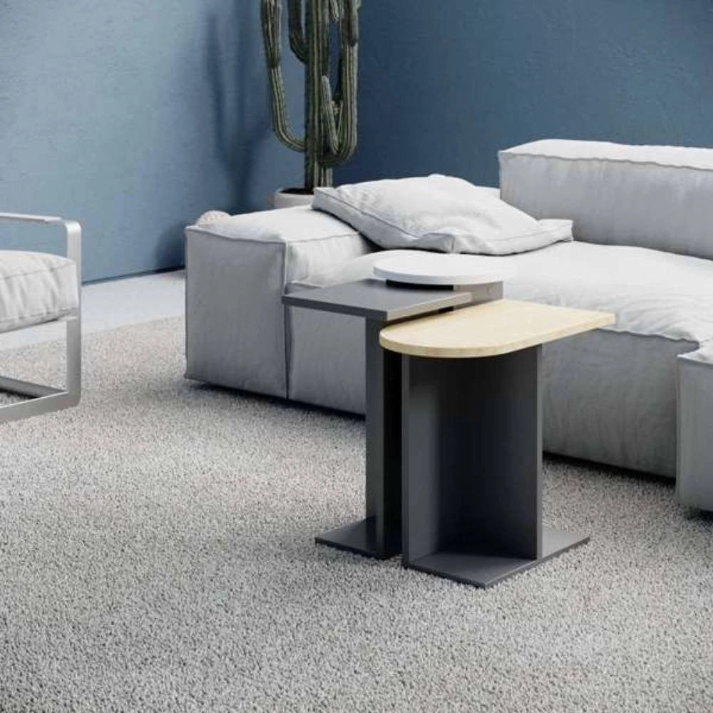 Tris tavolino da salotto Mund colore antracite rovere e bianco