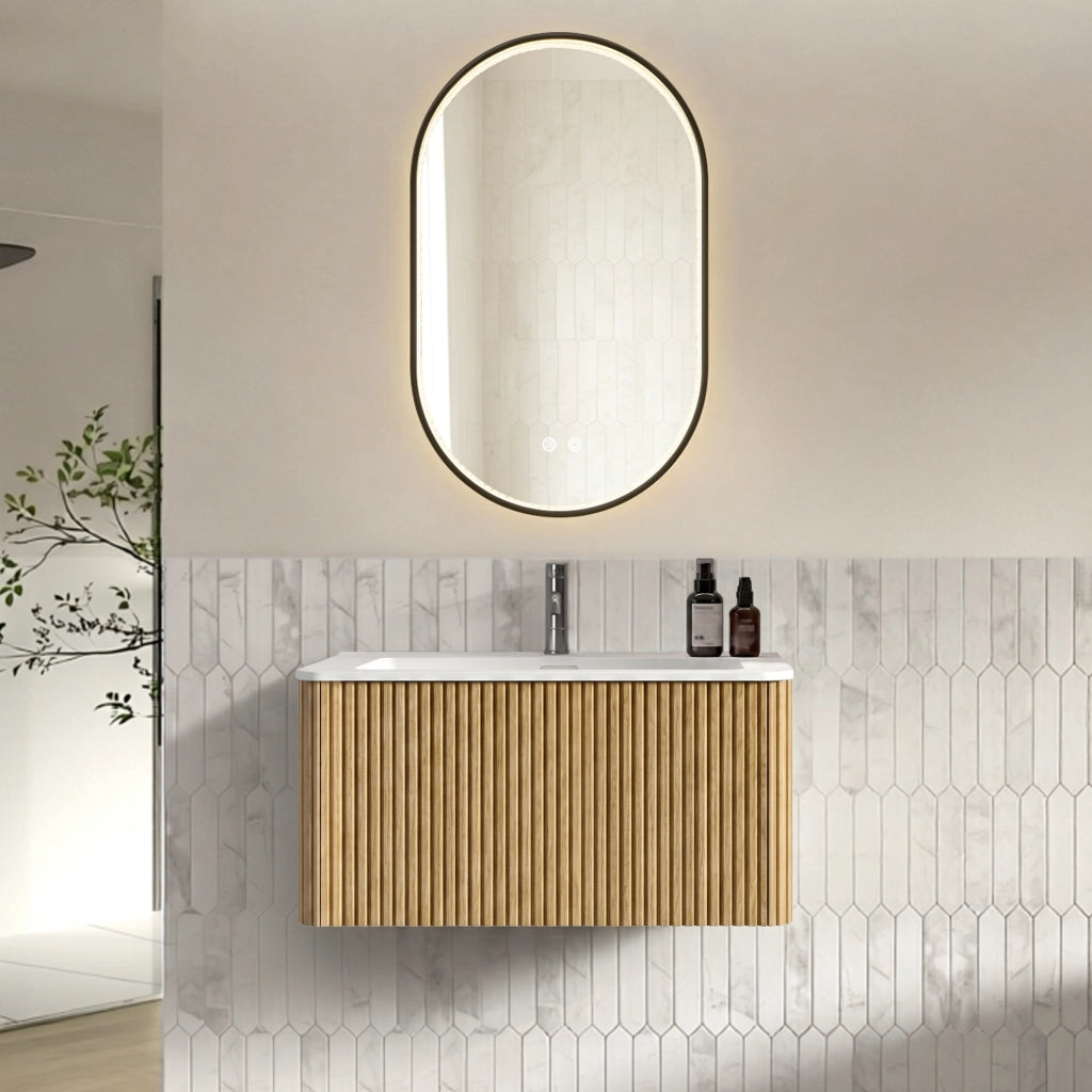 Mobile bagno sospeso con lavabo integrato e specchio LED antiappannamento per bagno in MDF effetto rovere moderno