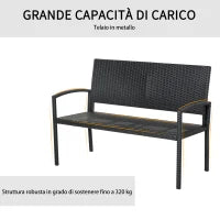 Panchina da Giardino ed Esterno in Rattan, Panca in Rattan Nero 2 Posti, 122x60x85cm
