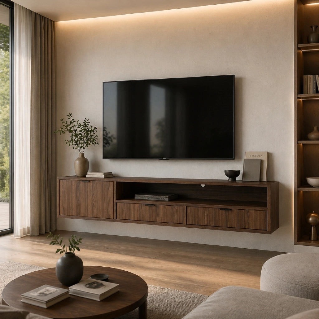 Mobile TV Sospeso Moderno Per Soggiorno Con 1 Anta A Ribalta 2 Cassetti Vano A Giorno Con Passacavo Struttura In Melaminico Design Contemporaneo 150 X 35 X 40 Cm Noce