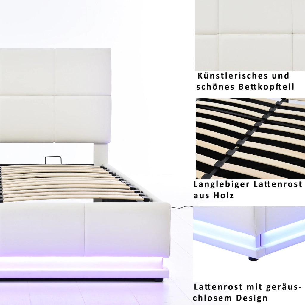 Letto matrimoniale imbottito 160x200 cm con LED; contenitore idraulico e struttura in metallo; bianco