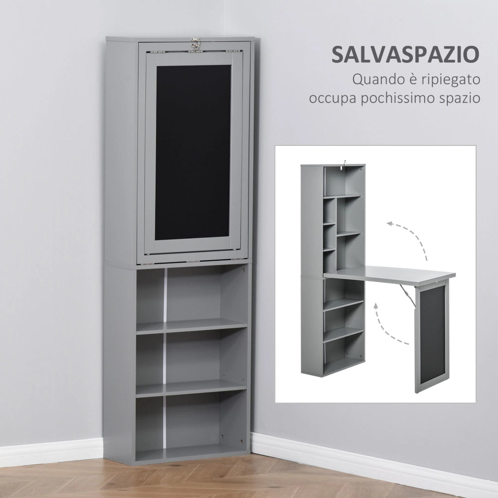 Libreria con Scrivania a Scomparsa Salvaspazio 98x51x153 cm in MDF Grigio