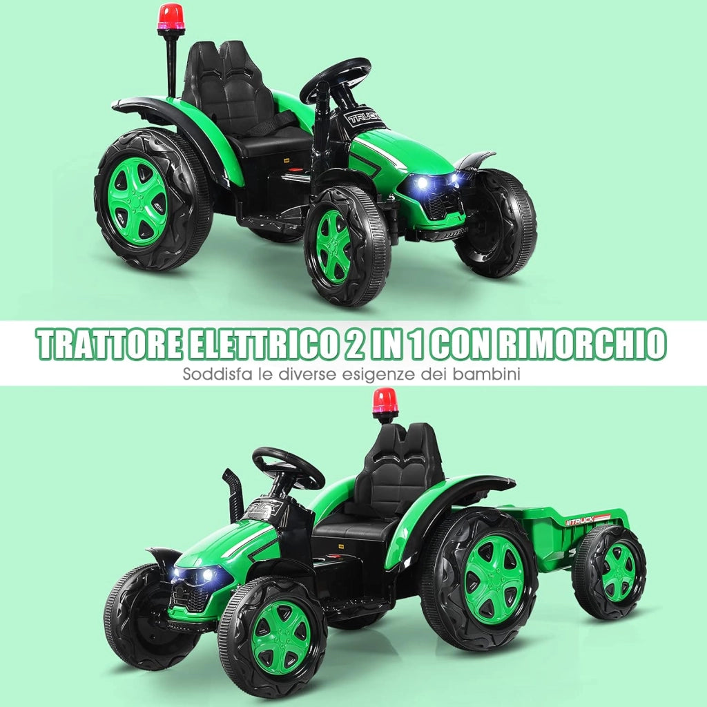 Trattore Elettrico per Bambini con Rimorchio, 2 in 1 Go Kart e Trattore per Bambini 3-8 Anni, con Telecomando e Cintura di Sicurezza a 2 Punti (Verde)