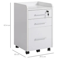 Schedario da Ufficio con 3 Cassetti, 5 Ruote, Cassettiera Ufficio con Serratura e 2 Chiavi per Lettera/Legale/Formato A4, Armadietto Verticale per Studio, 39.2x40x65.4 cm, Bianco