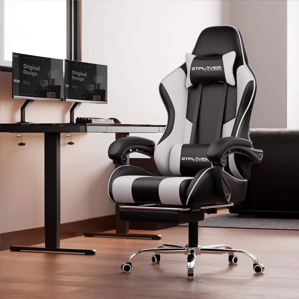 Sedia da Gaming Massaggiante ed Ergonomica con Schienale Regolabile, Poggiapiedi e Supporto Lombare - Reclinabile, Bianco