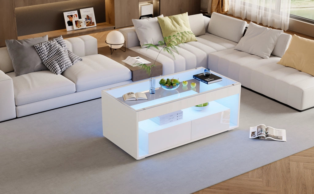 TAVOLO da caffè 100x50x40 cm Bianco con LED, 2 cassetti, vetro temperato