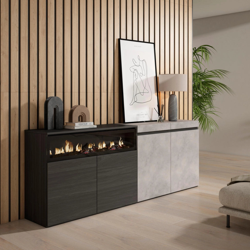 Credenza, Mobile, 200x35x75cm, 4 Porte, Camino elettrico, grigio cemento RF2409