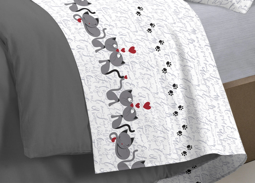 Completo Lenzuola Linea Pensieri Delicati 100% Cotone Disegno Gattini - Matrimoniale - Grigio