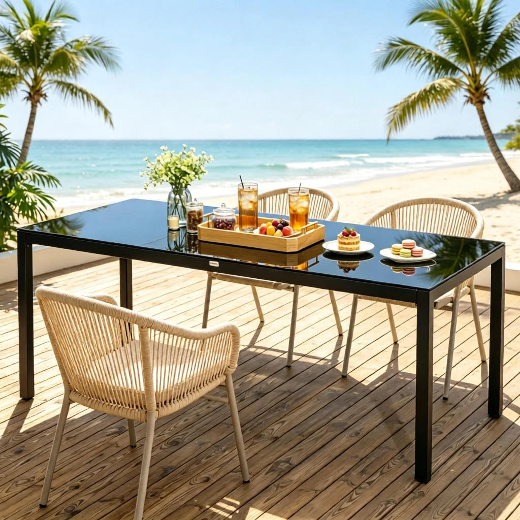 Tavolo da pranzo da esterno con piano in vetro temperato, piedini regolabili, in alluminio nero, 180 × 80 × 72 cm