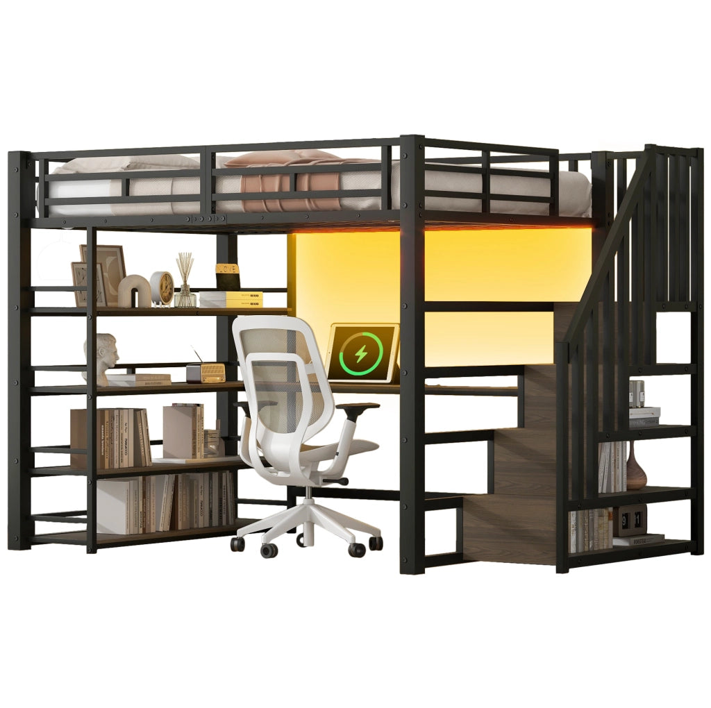 Letto a soppalco in metallo 140x200 con scrivania, scale contenitive e LED