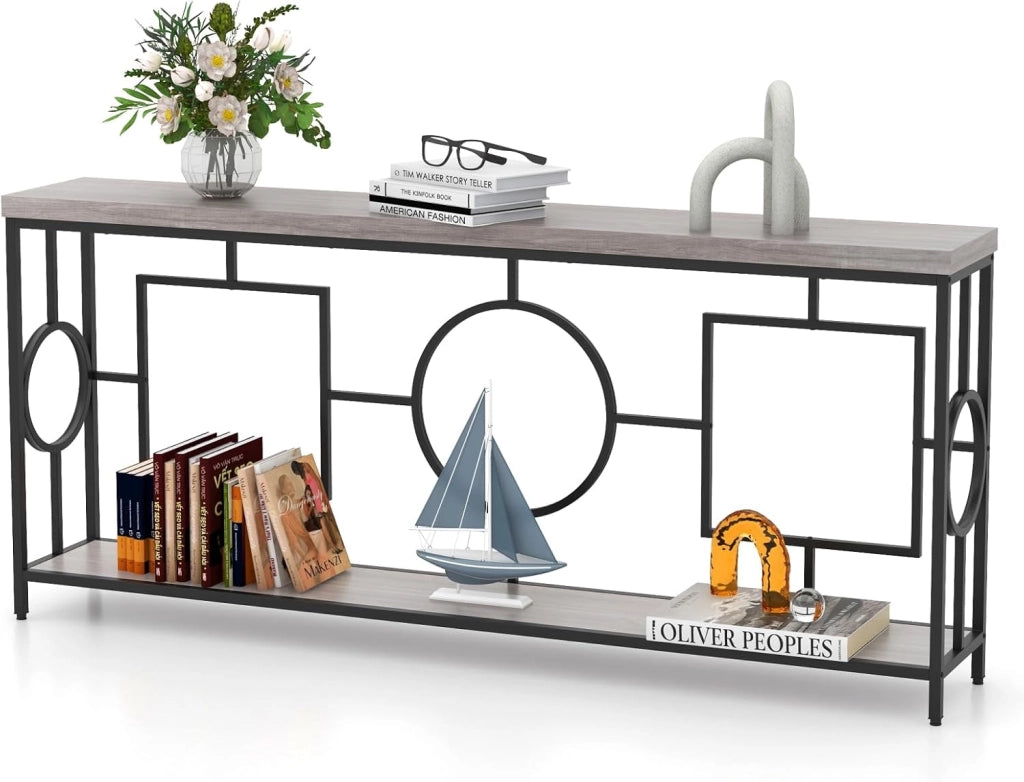 Tavolo Consolle Ingresso a 2 Livelli, Mobile Ingresso con Ripiano di Stoccaggio e Cornice Geometrica, Realizzato Sintetico di Alta Qualità, per Corridoi e Ingressi, Dimensioni 180 x 30 x 80 cm