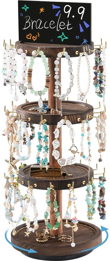 Supporto per bracciale rotativo a 3 livelli, base per bracciale in legno, supporto per gioielli con 42 ganci, supporto per bracciale rotativo 360 gradi per bracciali, spille per capelli, orologi e chiavi.