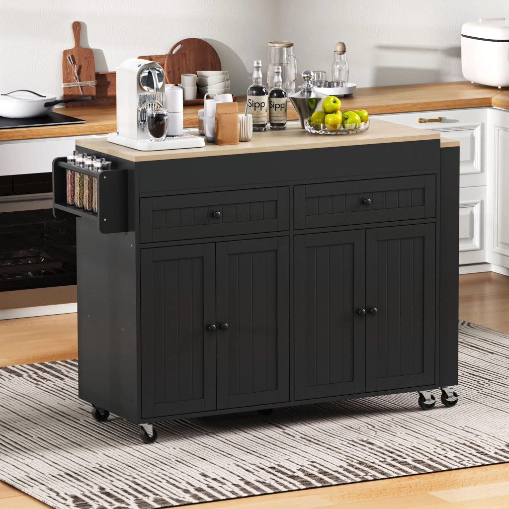Isola da Cucina con Piano Estensibile e Ruote per Cucina e Sala da Pranzo in MDF Nero e Naturale