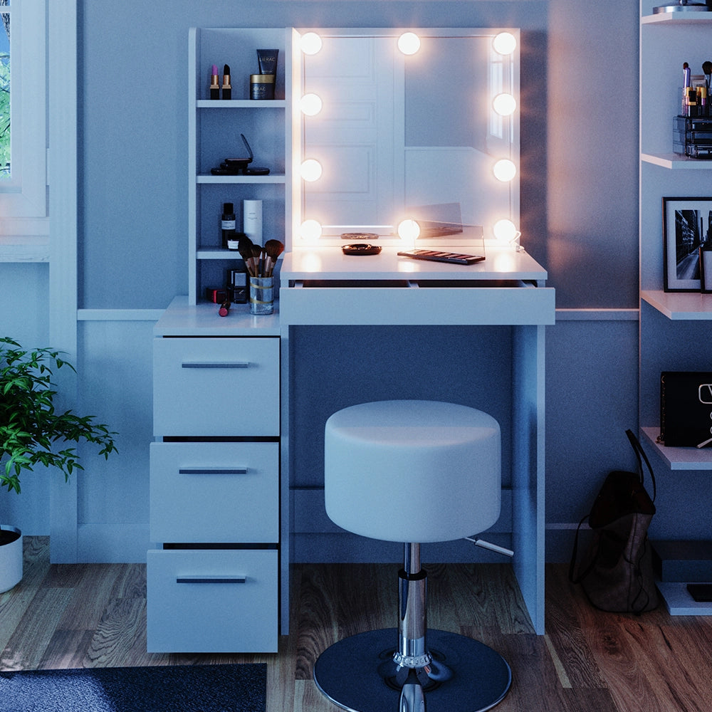 Vicco Tavolo da toeletta Bianco 80 cm con illuminazione LED e sgabello