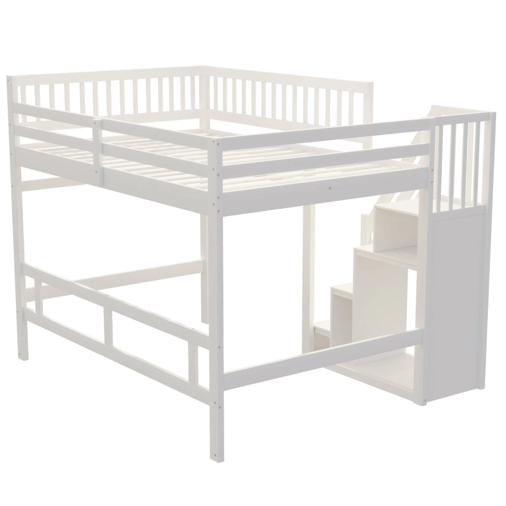 Letto a castello in legno bianco con scala a scomparti e parapetto alto 140x200 cm