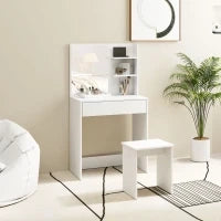 Tavolo da Trucco a 3 Ripiani e Cassetti con Specchio e Sgabello, in Truciolato, 75x40x137 cm, Bianco
