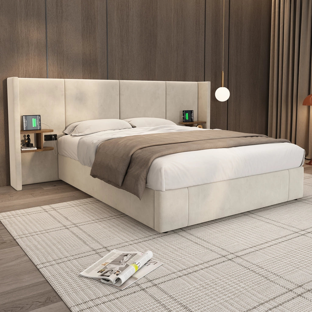 Letti contenitori 160x200 cm; contenitore idraulico con prese USB; velluto beige (Senza materasso)